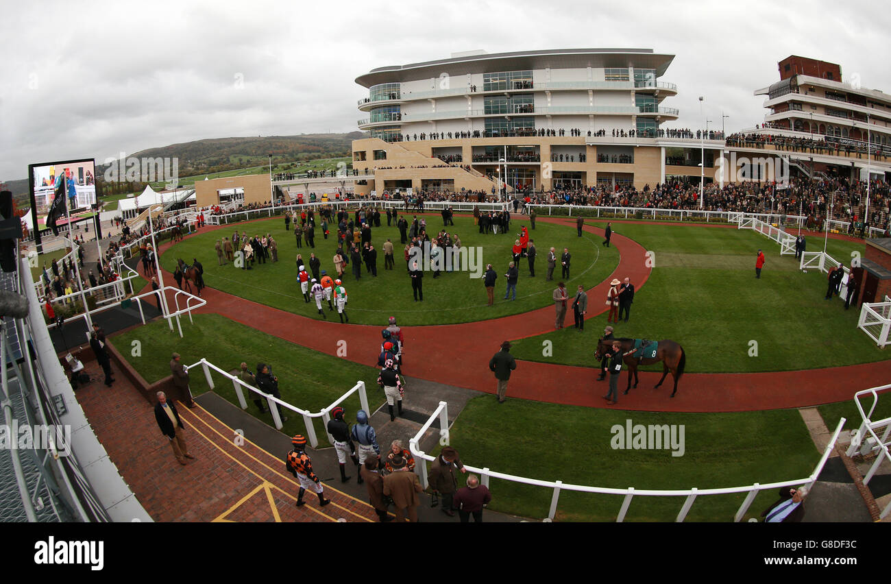 Horse Racing - The Showcase - Day One - Cheltenham Racecourse. Jockeys come out for the Pertemps Network Handicap Hurdle during day one of The Showcase at Cheltenham Racecourse. Stock Photo