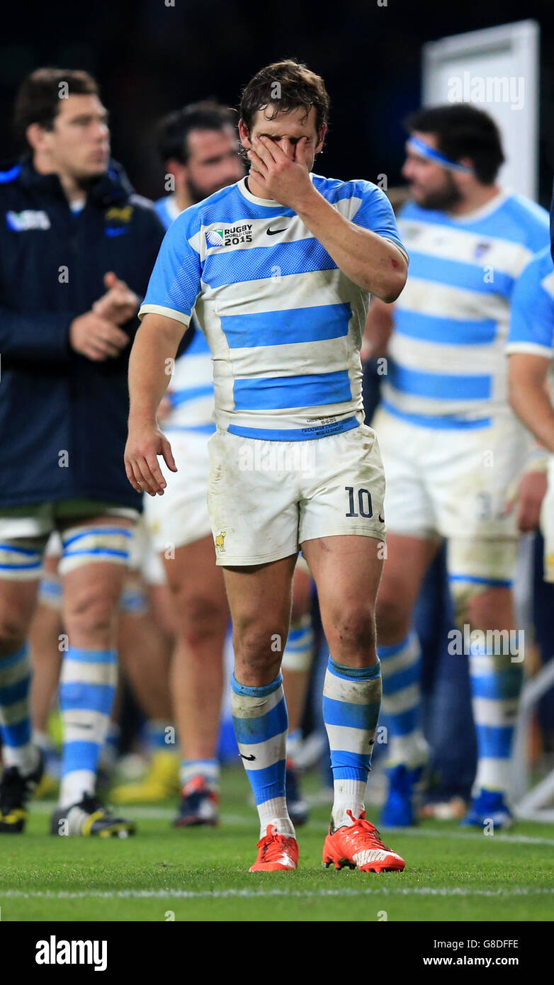 Argentina's Nicolas Sanchez (centre) appears dejected after the Rugby World  Cup, Semi Final at Twickenham Stadium, London Stock Photo - Alamy