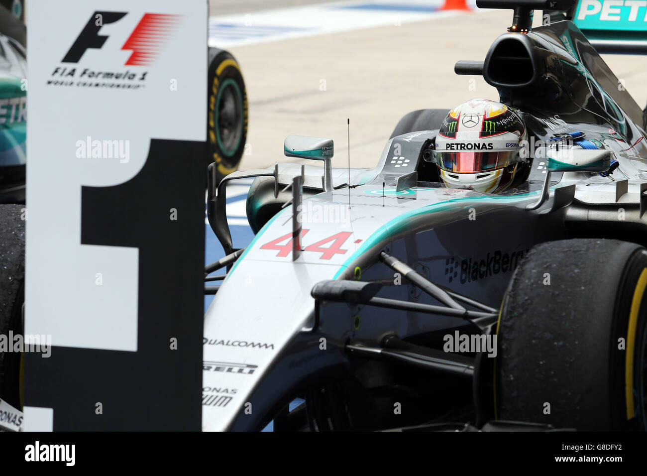 Mercedes' Lewis Hamilton parks his car in the number one spot after winning the United States Grand Prix and the 2015 Formula One World Championship after the United States Grand Prix at the Circuit of The Americas in Austin, Texas, USA. Stock Photo