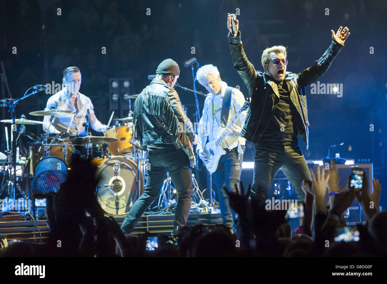 U2 performing during their Innocence + Experience tour at the O2 arena in Greenwich, London. Stock Photo