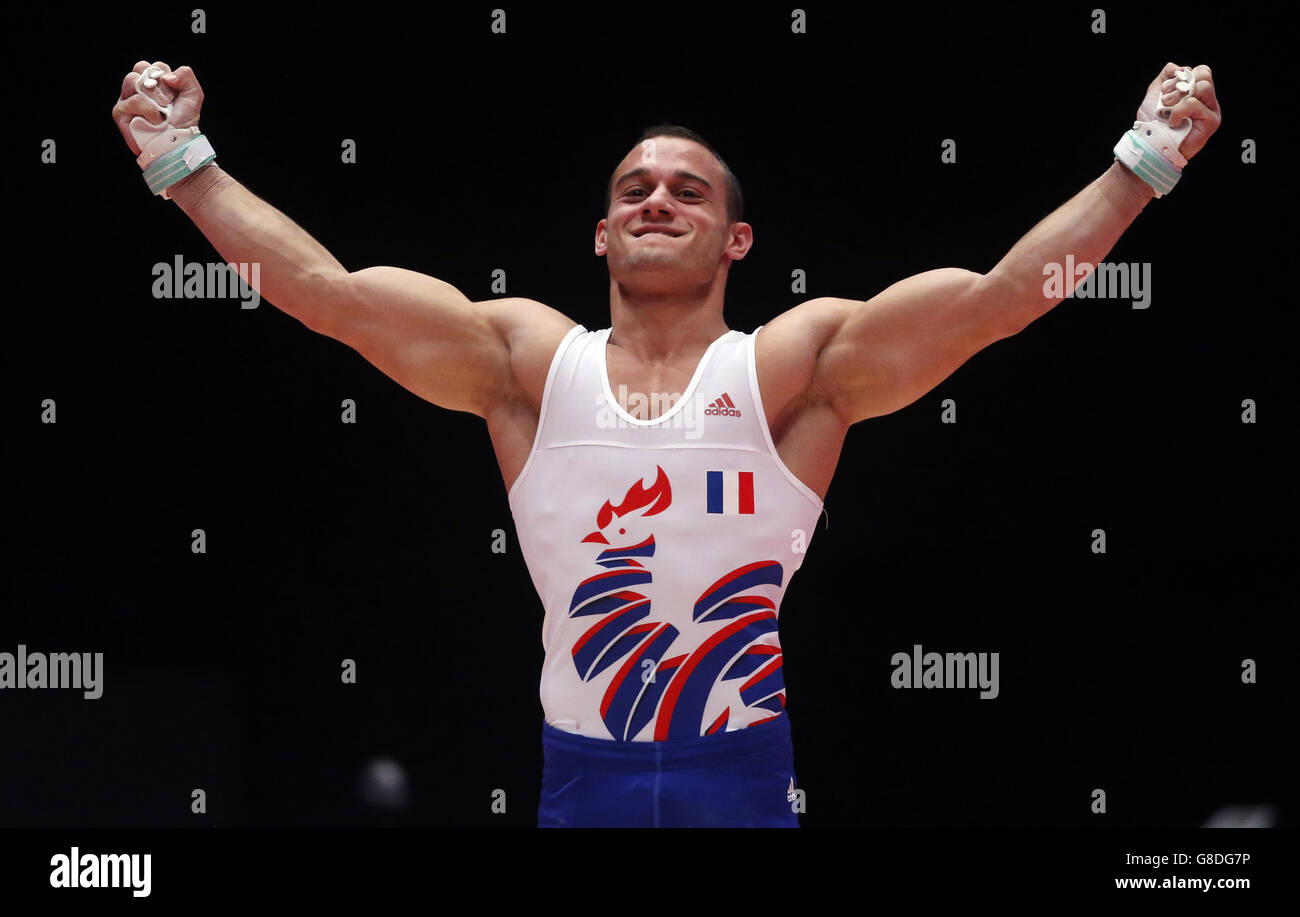 France's Samir Said celebrates after competing on the Still Rings during day four of the 2015 World Gymnastic Championships at The SSE Hydro, Glasgow. Stock Photo