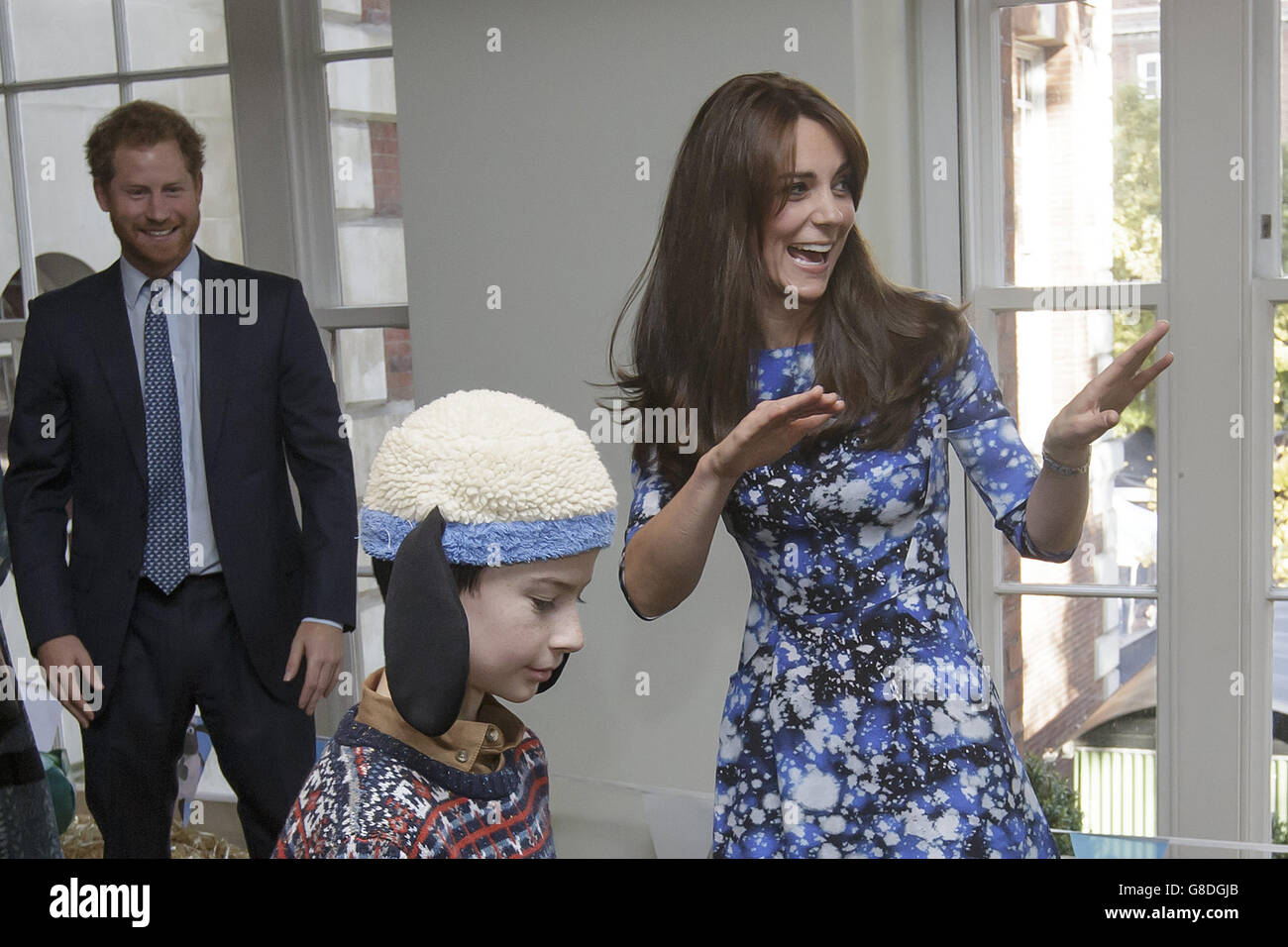 The Duchess of Cambridge takes part in welly wanging with children and representatives from charities and Aardman Animations, during a meeting of the Charities Forum at BAFTA on Piccadilly in London. Stock Photo