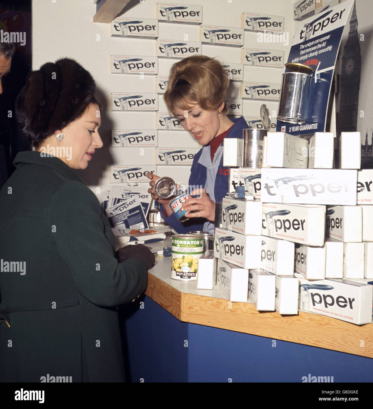 Princess Margaret being shown the 'Topper' tin opener at the 46th Daily Mail Ideal Home Exhibition at the Olympia London, which she opened. Stock Photo
