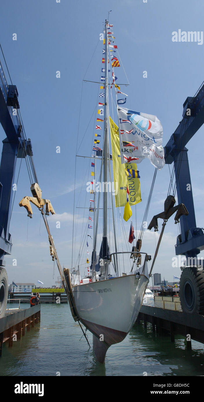 Gipsy Moth IV, on which Sir Francis Chichester circumnavigated the globe, is re-launched following refurbishment by its original builders. Stock Photo