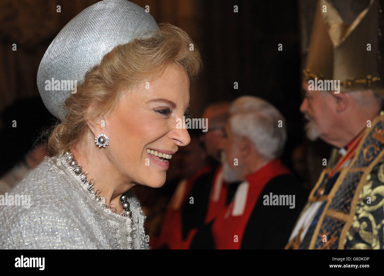 Princess Michael of Kent smiles as she is greeted by clergy and guests as she arrives for a service to commemorate the 600th Anniversary of the Battle of Agincourt, at Westminster Abbey, London. Stock Photo
