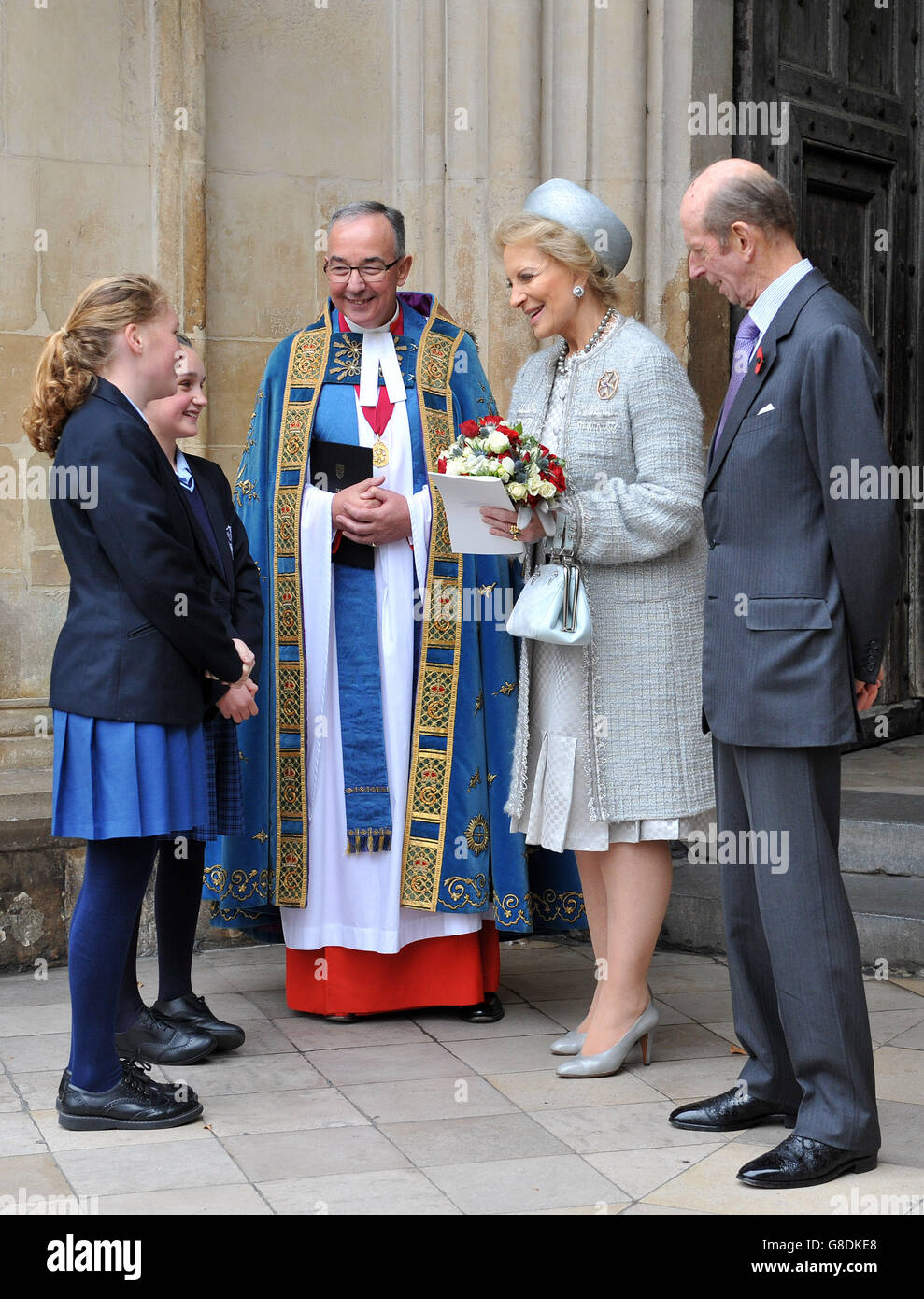 The Dean of Westminster, Reverend John Hall (centre) with Princess Michael of Kent (second right) and the Duke of Kent (right) as they leave Westminster Abbey in London following a service to commemorate the 600th Anniversary of the Battle of Agincourt. Stock Photo