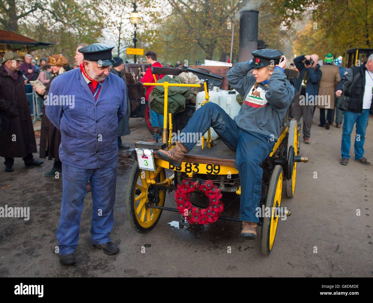 Participants in the Bonhams London to Brighton Veteran Car Run wait before the start at Hyde Park, London. Stock Photo