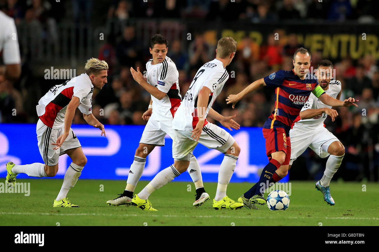 Soccer - UEFA Champions League - Group E - Barcelona v Bayer Leverkusen - Nou Camp. Barcelona's Andres Iniesta (right) in action against Bayer Leverkusen. Stock Photo