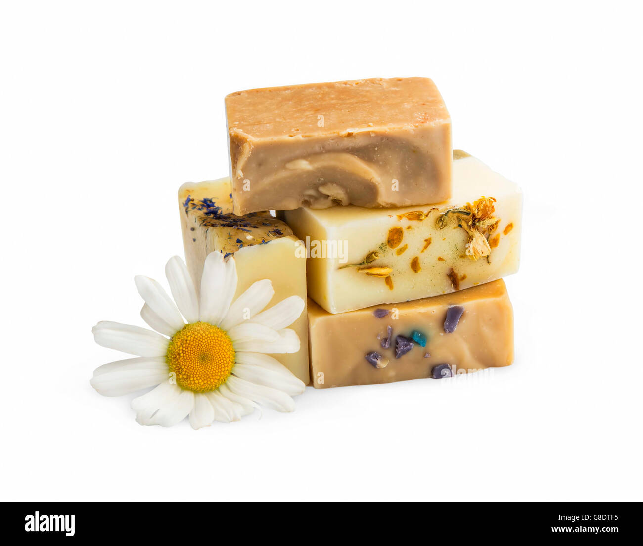 Natural handmade soaps with honey,lavender, chamomile and goat milk isolated Stock Photo