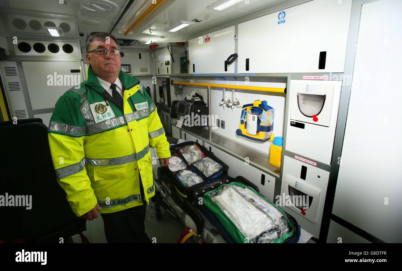 Chief Ambulance officer Pat McCreanor in the interior of the first of 62 new ambulances handed over to the Ambulance service by Health minister Leo Varadkar at Dublin Castle this morning. Stock Photo