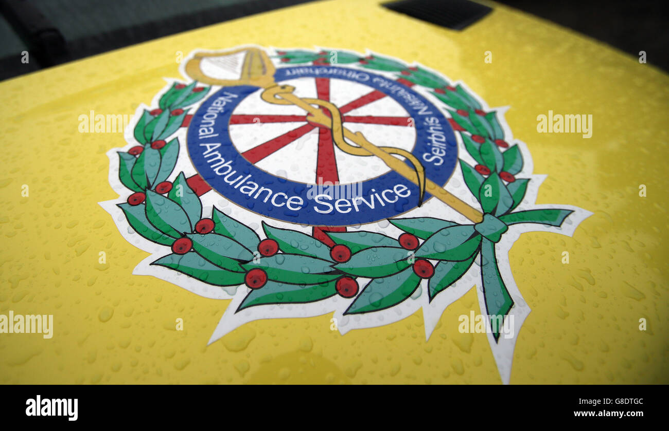 The National Ambulance Service Logo as Health minister Leo Varadkar hands over the first of 62 new ambulances to the Ambulance service at Dublin Castle this morning. Stock Photo