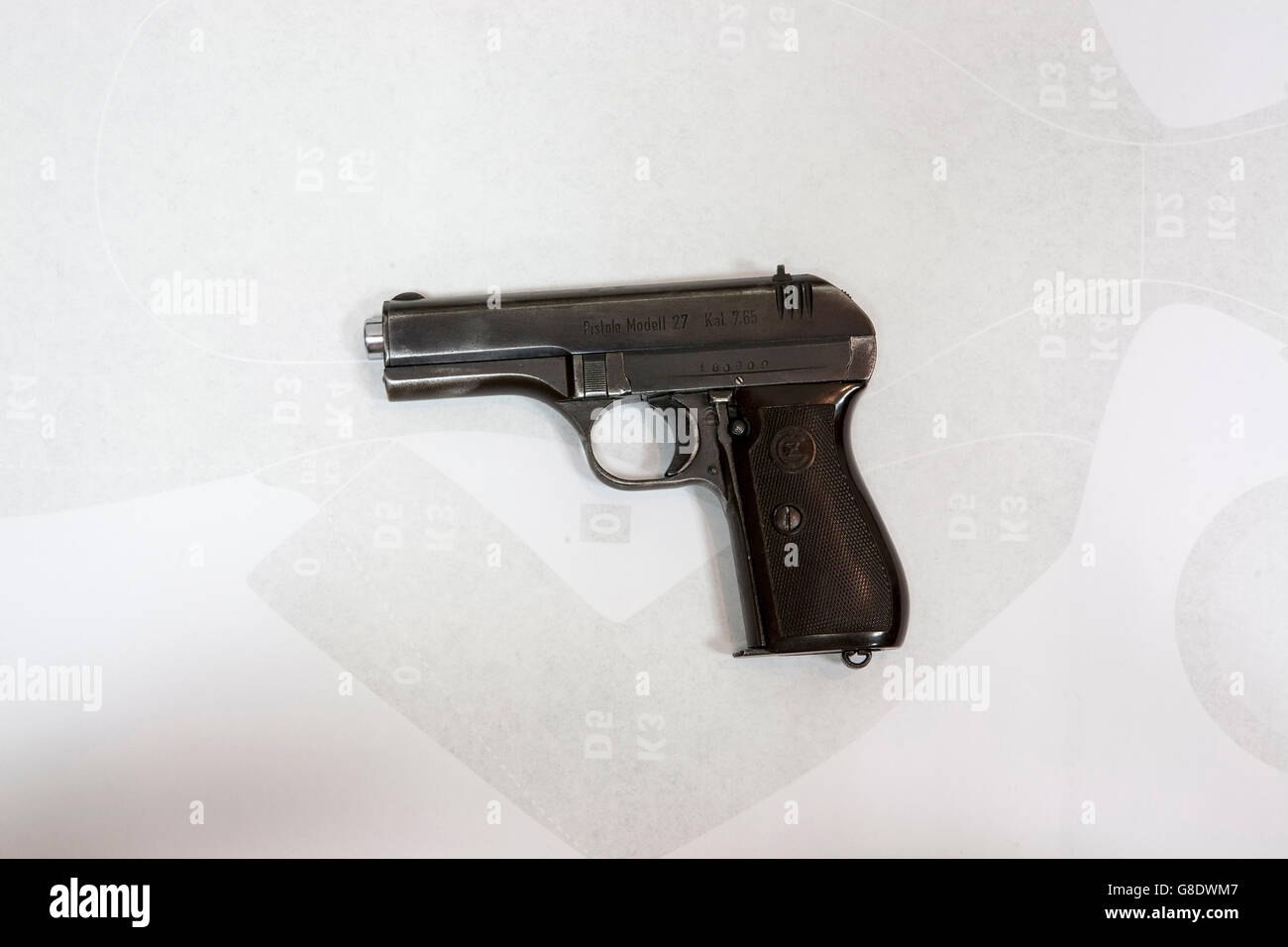 cz model 1927 pistol handgun cal. 7.65 on a shooting target Stock Photo