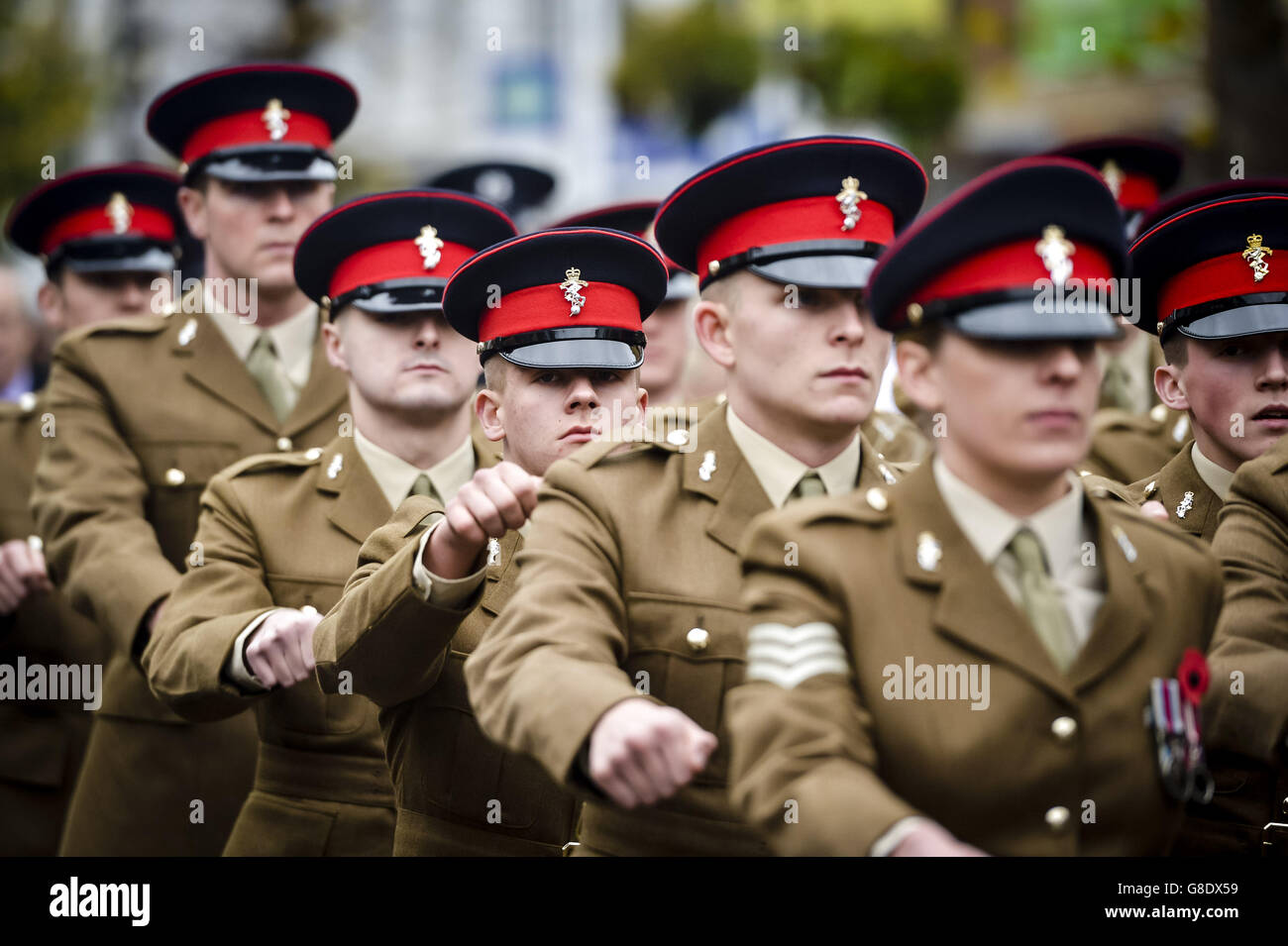Soldiers parade along the High Street at Royal Wootton Bassett, in