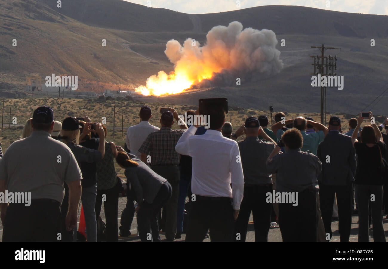 June 28, 2016. Promontory UT. Raw fire power is blasted into a hillside as ATK test fires a solid rocket booster motor that burns 6 tons of propellant each second with expanding gases and flames exiting the nozzle at speeds in excess of Mach 3 and temperatures reaching 3,700 degrees Fahrenheit Tuesday. Orbital ATK test fire happen at 9:05am MT time and NASA will use measurements from more than 530 data channels to evaluate motor performance, acoustics, motor vibrations, nozzle modifications, insulation upgrades. Photo by Gene Blevins/LA DailyNews/ZumaPress. (Credit Image: © Gene Blevins via Stock Photo