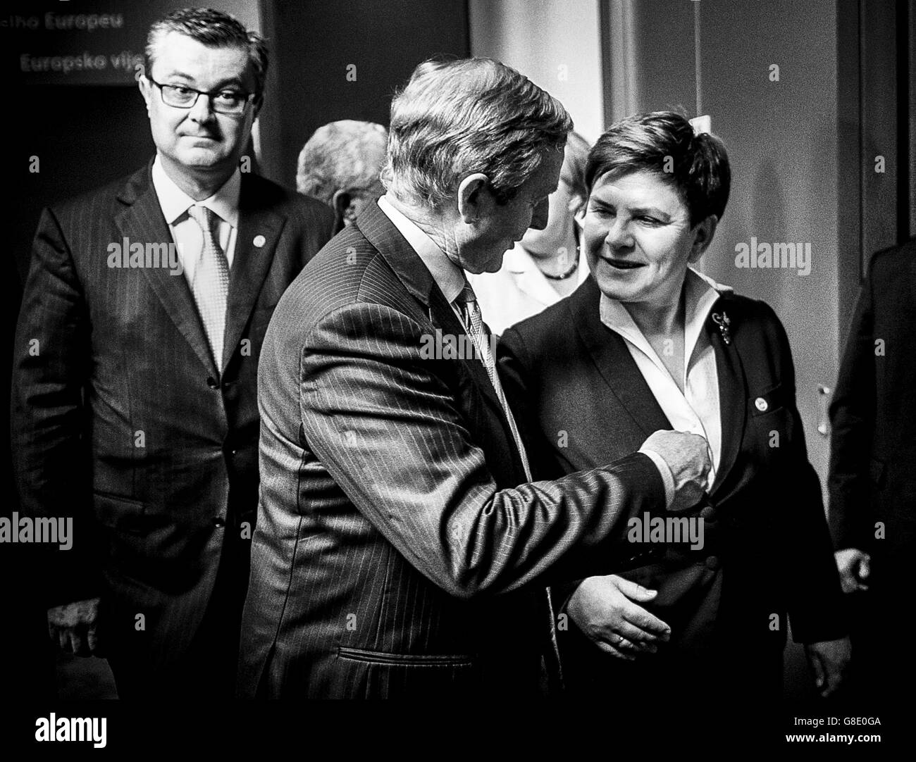 Brussels, Belgium. 28th June, 2016. Ireland Prime Minister Enda Kenny (L) talks with Polish Prime Minister Beata Szydlo during a group photo taken during the European Council meeting at European Council headquarters in Brussels, Belgium on 28.06.2016 by Wiktor Dabkowski | usage worldwide © dpa/Alamy Live News Stock Photo