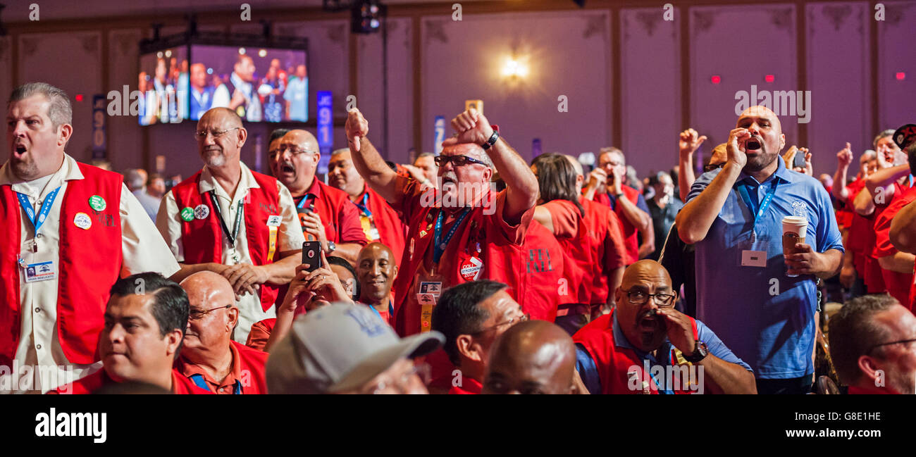 Las Vegas, Nevada USA - 28th June 2016 - Outfitted in red vests, Teamsters convention delegates pledged to incumbent president James P. Hoffa jeered and booed as reformers in the Teamsters United group nominated candidates to challenge the Hoffa slate in this fall's union election. Rank and file Teamsters will choose between Hoffa and Louisville Local 89 president Fred Zuckerman in elections to be conducted under U.S. government supervision. Credit:  Jim West/Alamy Live News Stock Photo