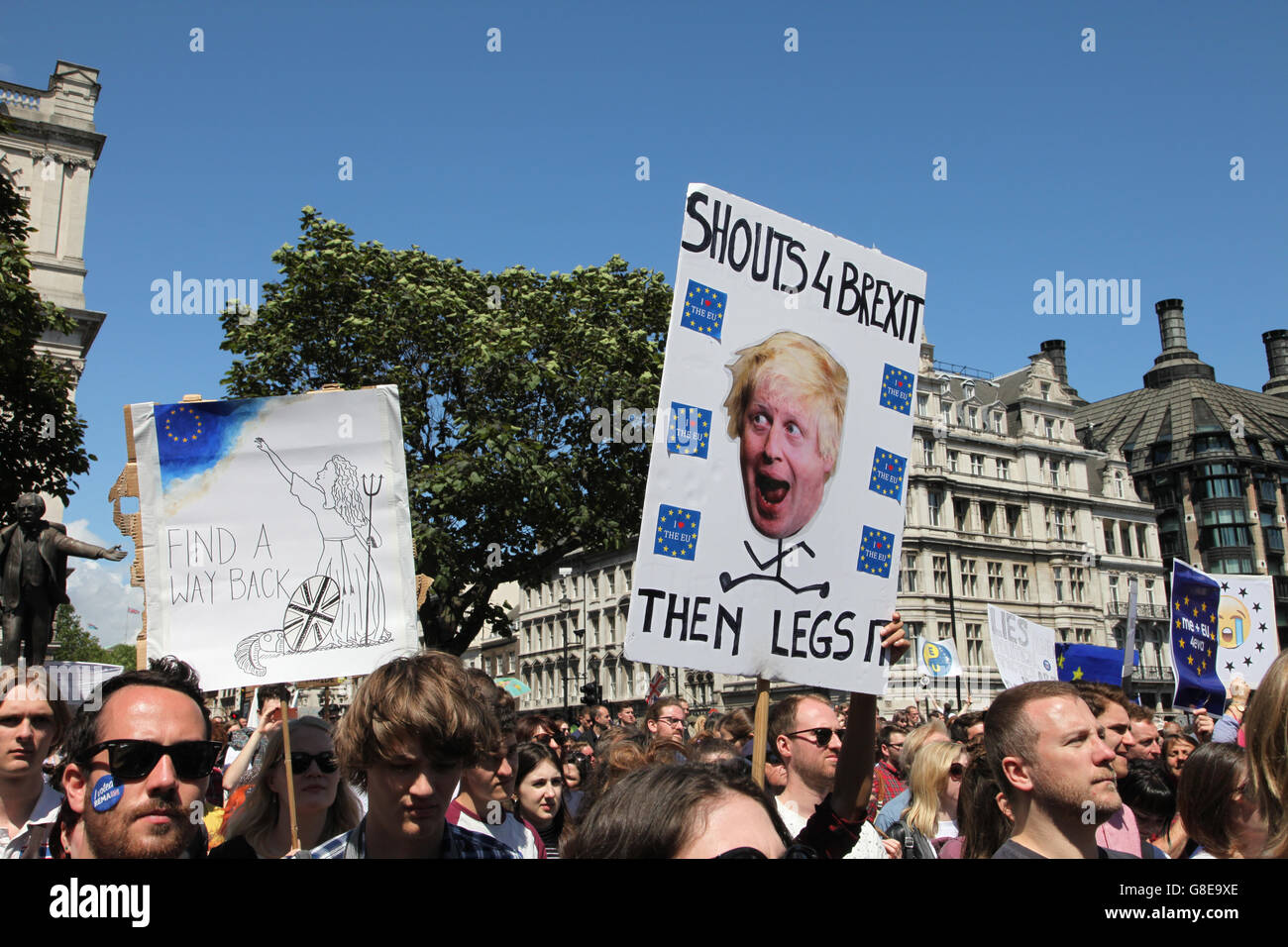 London, UK. 02nd July, 2016. An hand made anti Boris Johnson poster being held aloft at a demonstration in Parliament Square at the end of the March for Europe. Credit:  Jonathan Katzenellenbogen/Alamy Live News Stock Photo