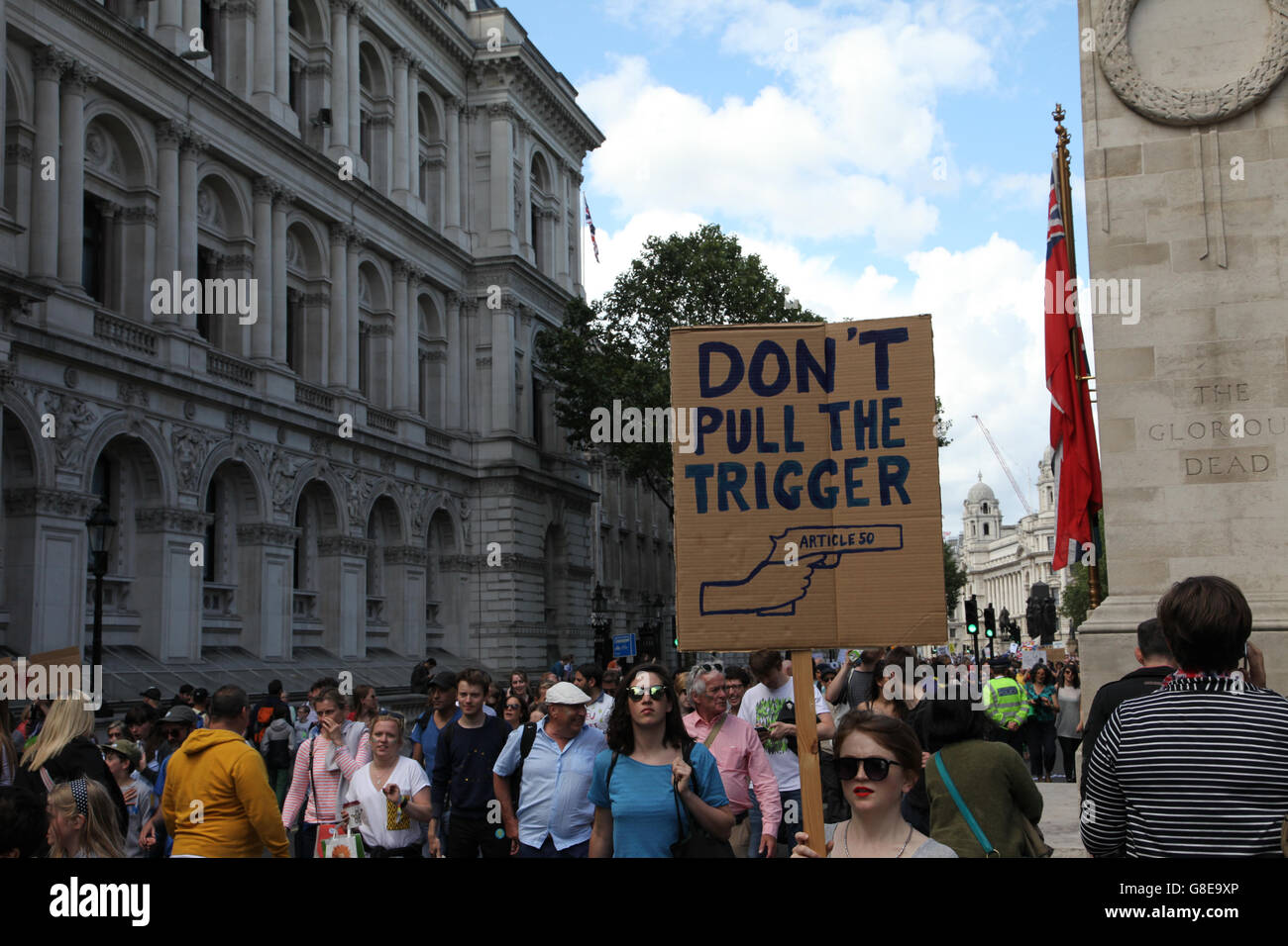 London, UK. 02nd July, 2016. A home made poster calling on the government not to invoke Article 50 of the Lisbon Treaty is held by a demonstrator during the March for Europe against the UK vote to leave the European Union. Credit:  Jonathan Katzenellenbogen/Alamy Live News Stock Photo