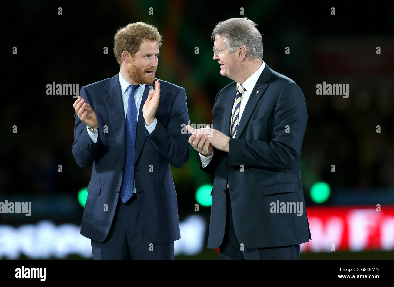 Prince Harry (left) chats with World Rugby chairman Bernard Lapasset after the Rugby World Cup Final at Twickenham, London. Stock Photo