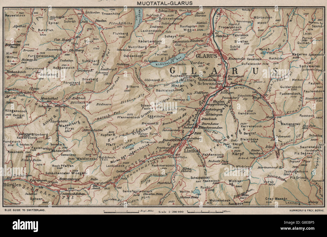 MUOTATAL-GLARUS. Elm Bruanwald Schwanden. Vintage map plan. Switzerland 1930 Stock Photo