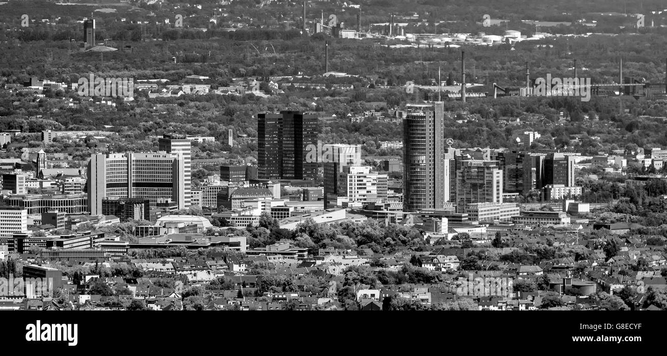Aerial view, looking over Ruettenscheid the Essen Skyline, RWE Tower, City Hall, Philharmonie, Essen, Ruhr Area, Stock Photo