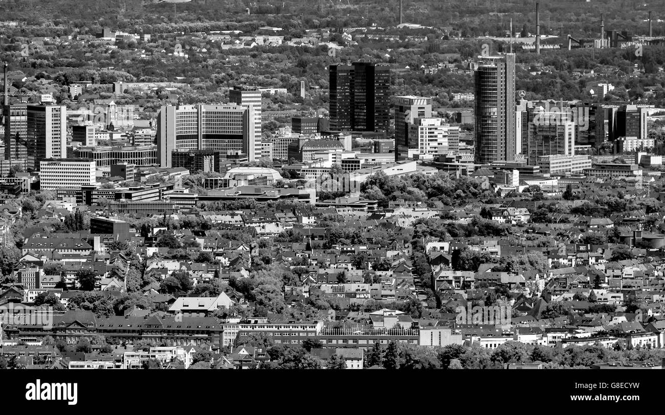 Aerial view, looking over Ruettenscheid the Essen Skyline, RWE Tower, City Hall, Philharmonie, Essen, Ruhr Area, Stock Photo