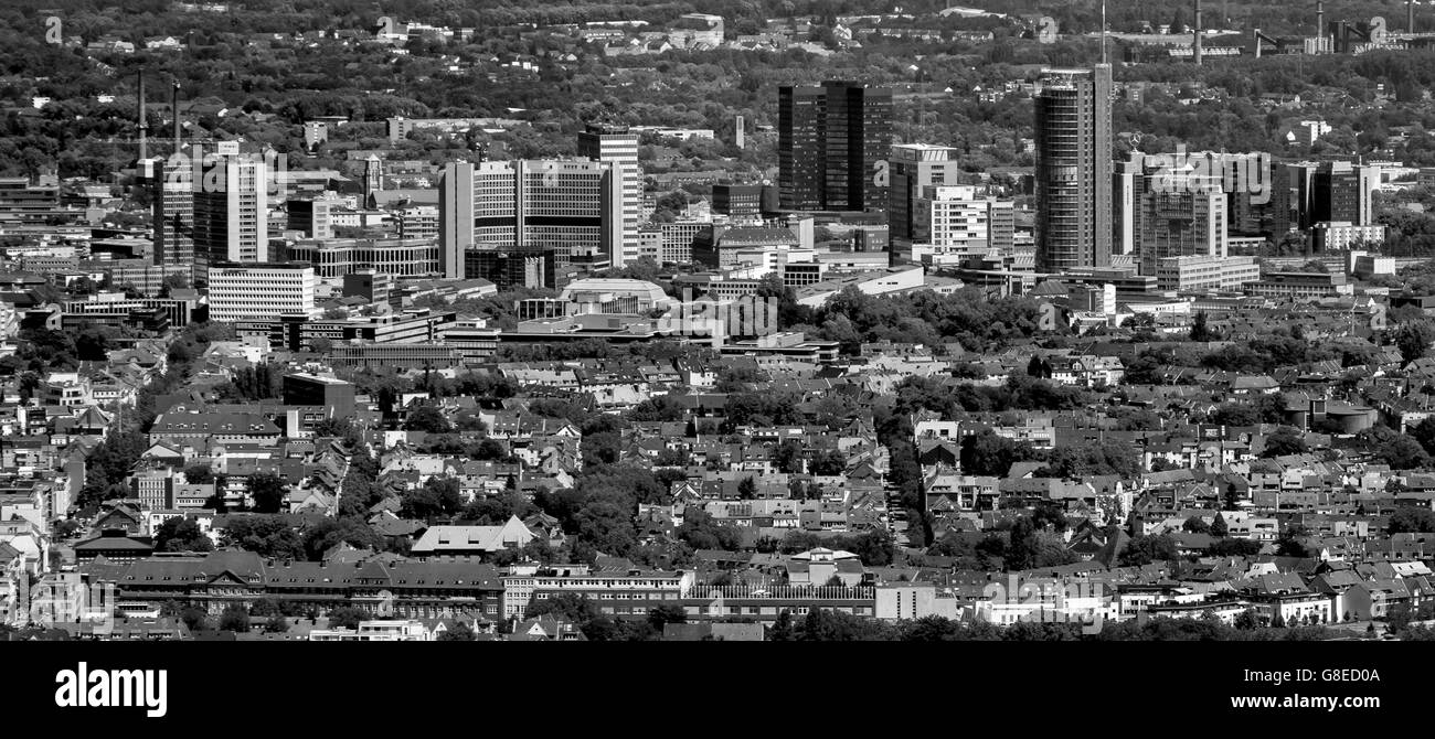 Aerial view, looking over Ruettenscheid the Essen Skyline, RWE Tower, City Hall, Philharmonie, Essen, Ruhr Area, Stock Photo