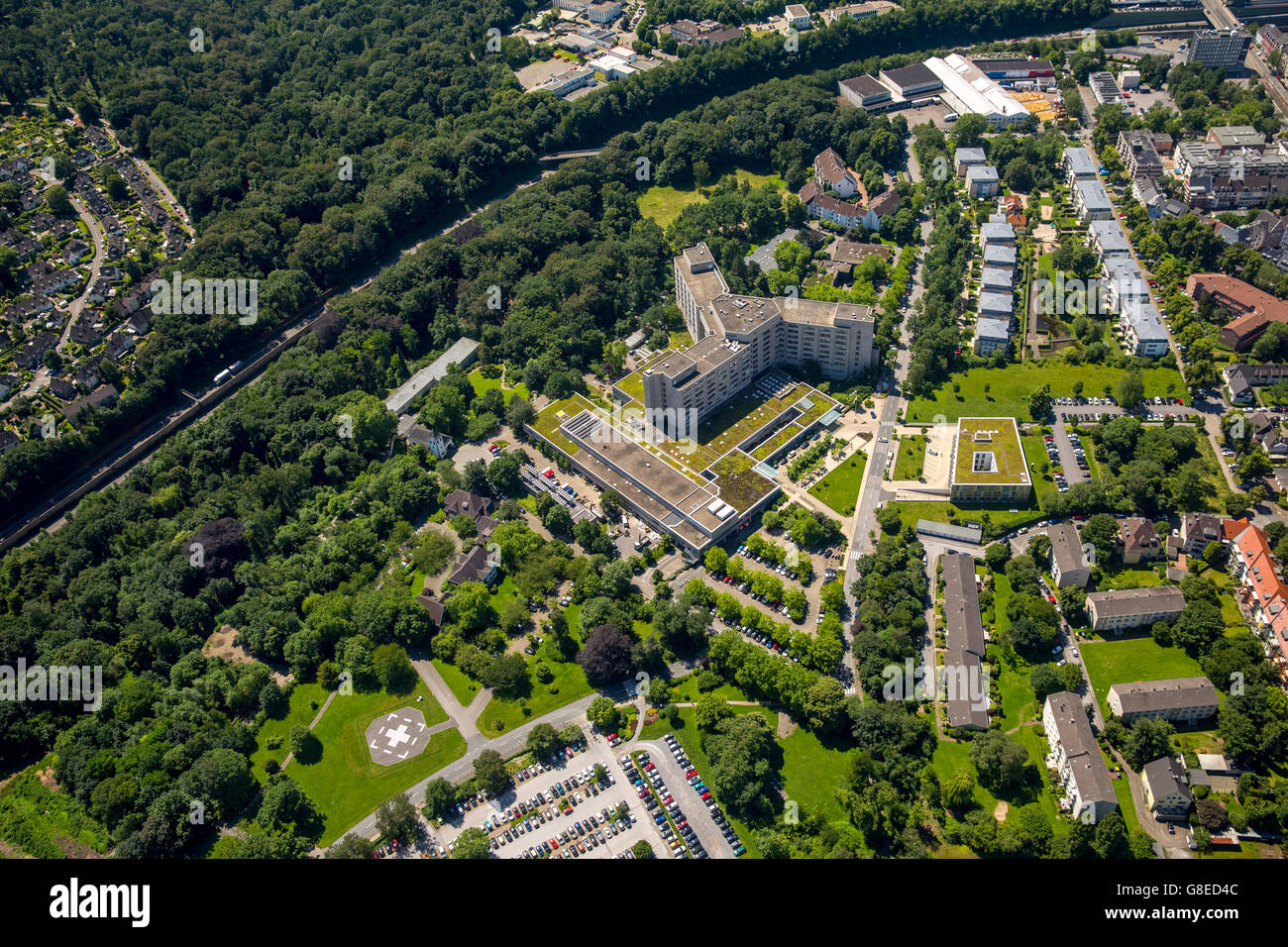 Aerial view, Alfried Krupp Hospital, Essen, Ruhr Area, North Rhine Westphalia, Germany, Europe, Aerial view, birds-eyes view, Stock Photo