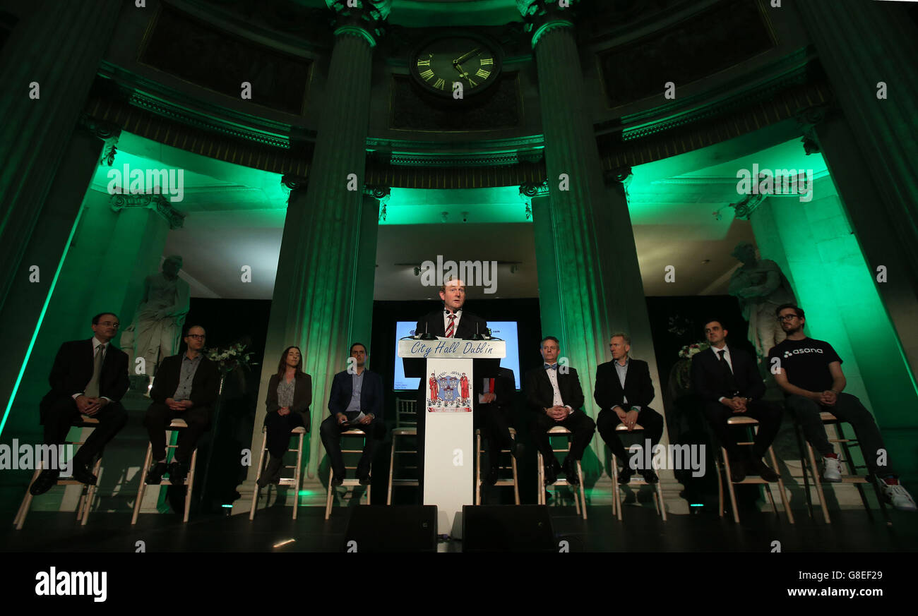 Taoiseach Enda Kenny announces the creation of 320 new jobs for Dublin by six North American high growth companies at City Hall in Dublin. Stock Photo