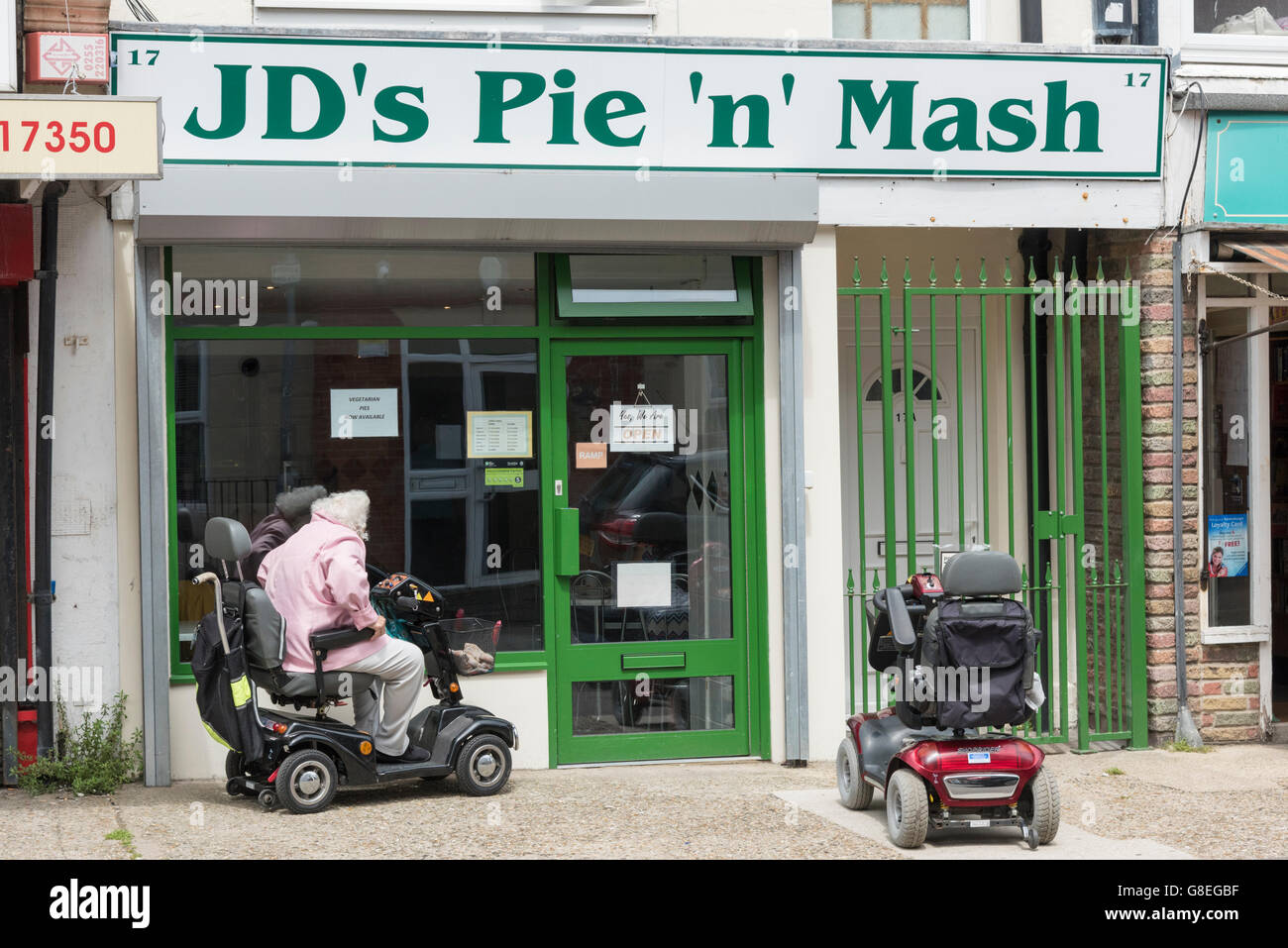 JD's Pie and Mash restaurant in Clacton UK with mobility scooters
