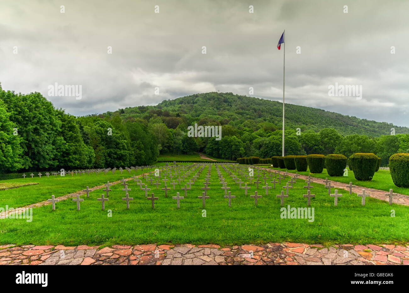 Vieil Armand or Hartmannsweiler Kopf cemetery in the Vosges mountains by cloudy day, Alsace, France Stock Photo
