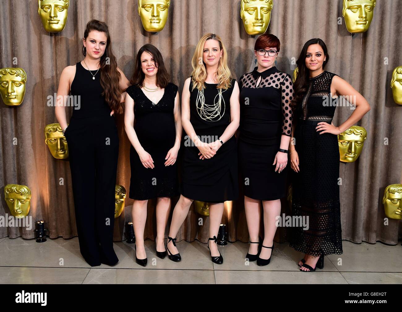 (left to right) Daisy-May Hudson, Jenny Saunders, Laura Wade, Catherine Woolley and Aysha Kala attending the BAFTA Breakthrough Brits event at the Burberry store in central London. Stock Photo