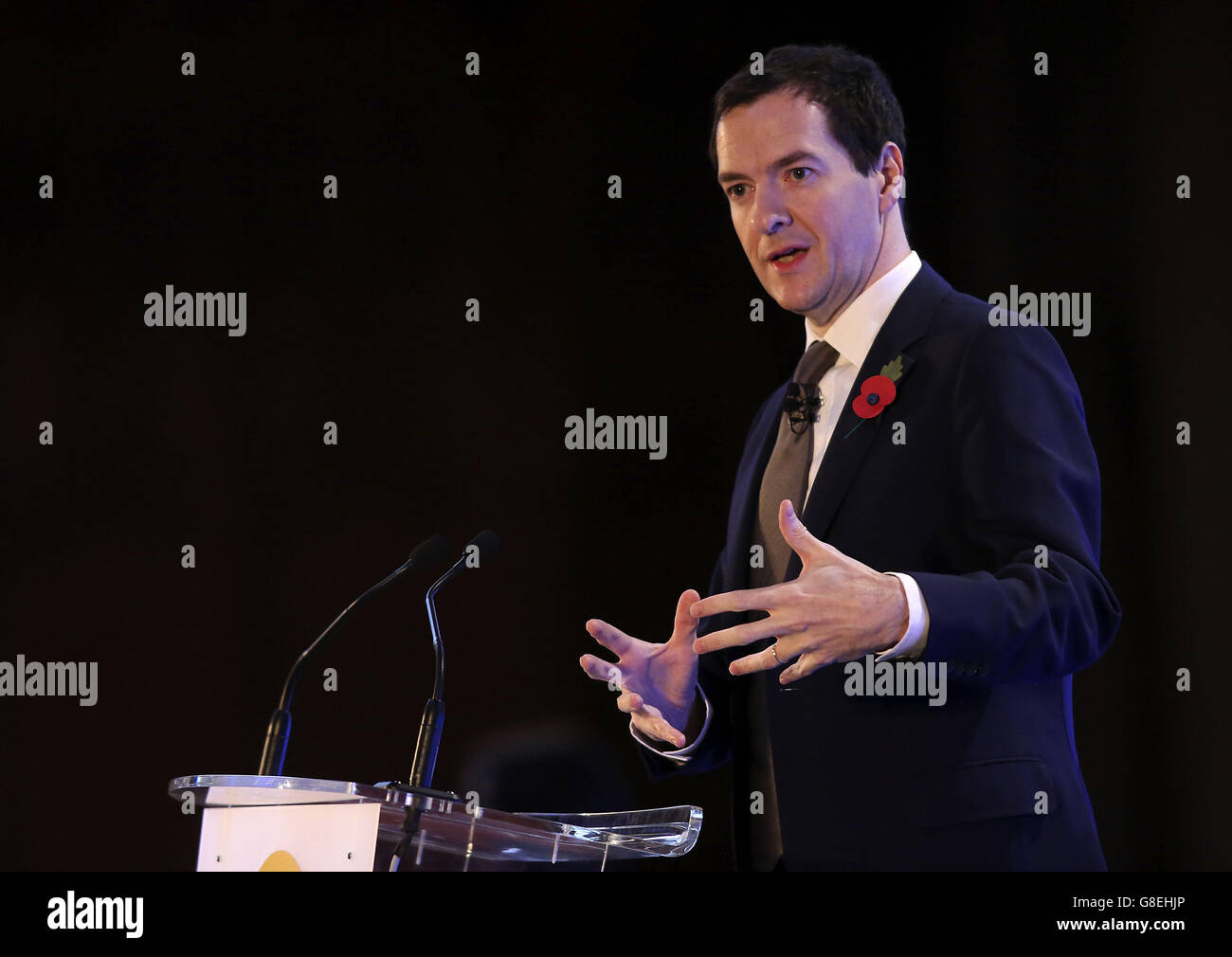 Chancellor George Osborne speaking at the Bank of England Open Forum 2015 at Guildhall in London. Stock Photo