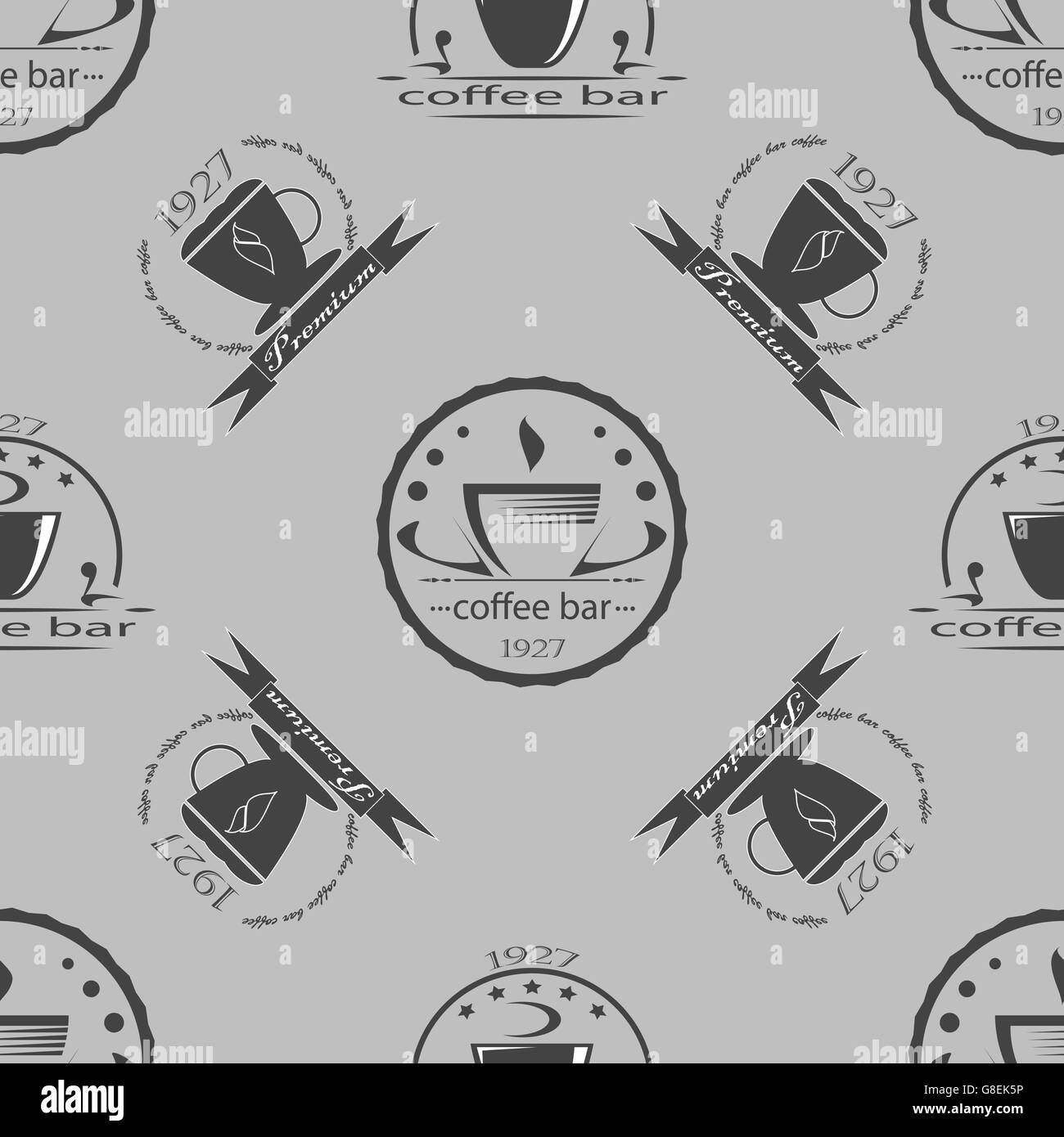 Set of vintage coffee themed monochrome labels. Seamless pattern