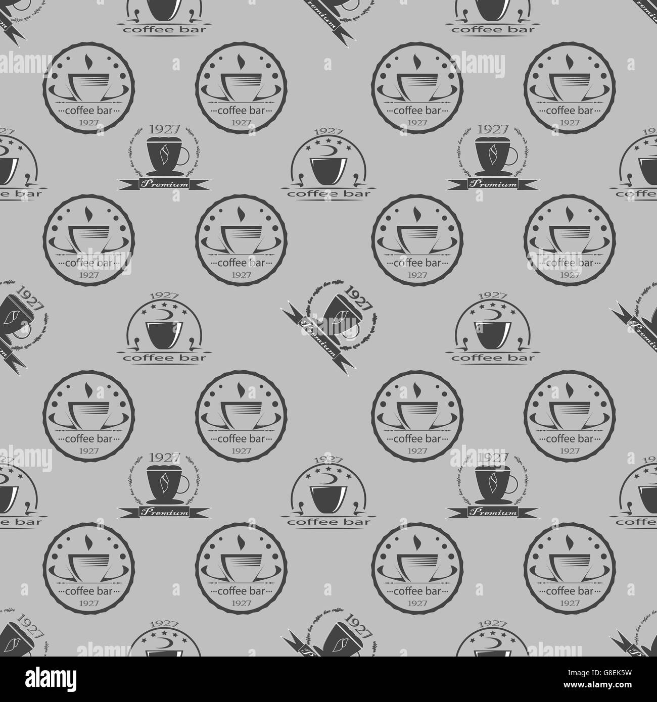 Set of vintage coffee themed monochrome labels. Seamless pattern
