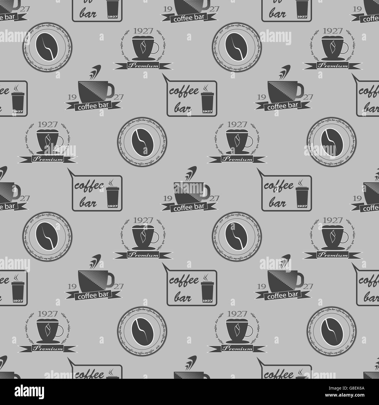 Set of vintage coffee themed monochrome labels. Seamless pattern. Vector illustration Stock Vector