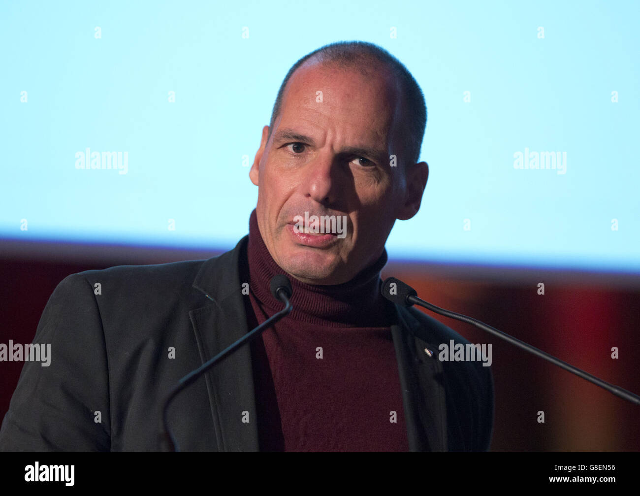 Former Greek Finance Minister Yanis Varoufakis speaks during the Building the Fight Against Austerity conference, organised by the Trade Union Coordinating Group, at Methodist Central Hall in central London. Stock Photo