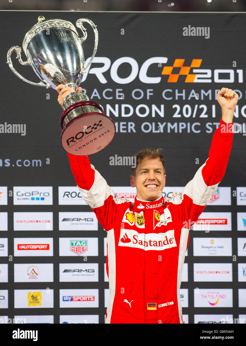 Sebastian Vettel celebrates winning the Race of Champions event during