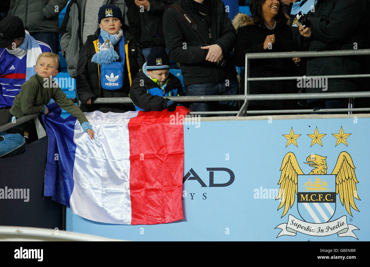 Manchester City v Liverpool - Barclays Premier League - Etihad Stadium. Young fans with the french flag at the Barclays Premier League match at the Etihad Stadium, Manchester. Stock Photo