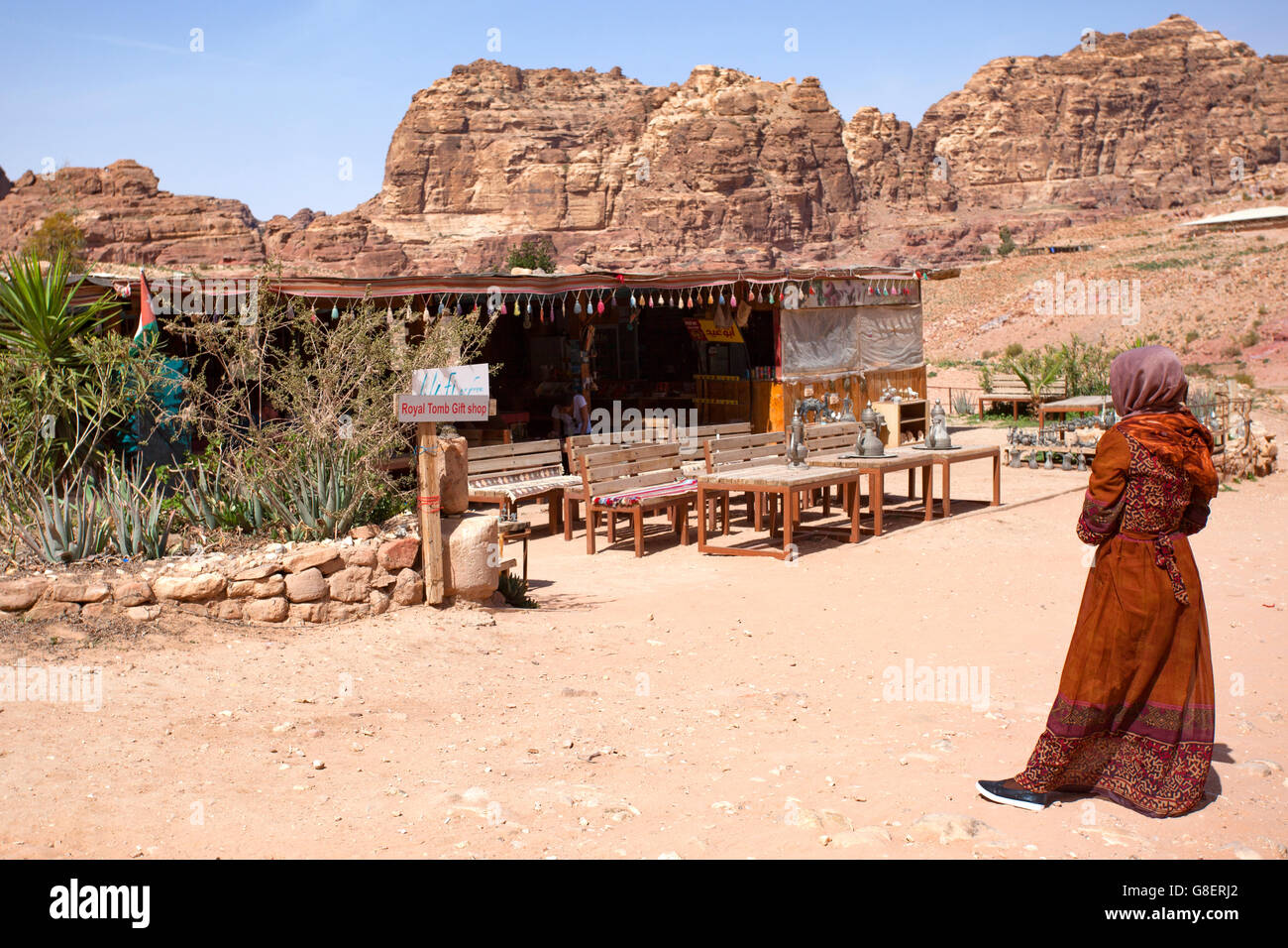 A restaurant and souvenir shop inside the Petra archaeological site, also known as the 'Rose City', Jordan, Middle East. Stock Photo