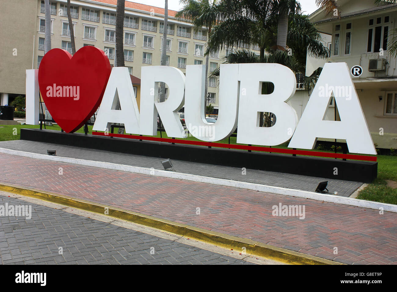 I love aruba sign in downtown Oranjestad, capital of Aruba, ABC Islands, Netherlands Antilles, Caribbean Stock Photo