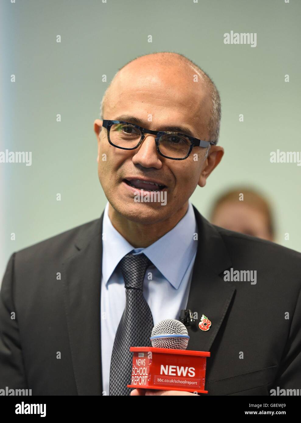 Microsoft chief executive Satya Nadella during a visit to Eastlea Community School in Newham, east London, where children have been trialling the micro:bit ahead of them being distributed to other children by the BBC next year. Stock Photo