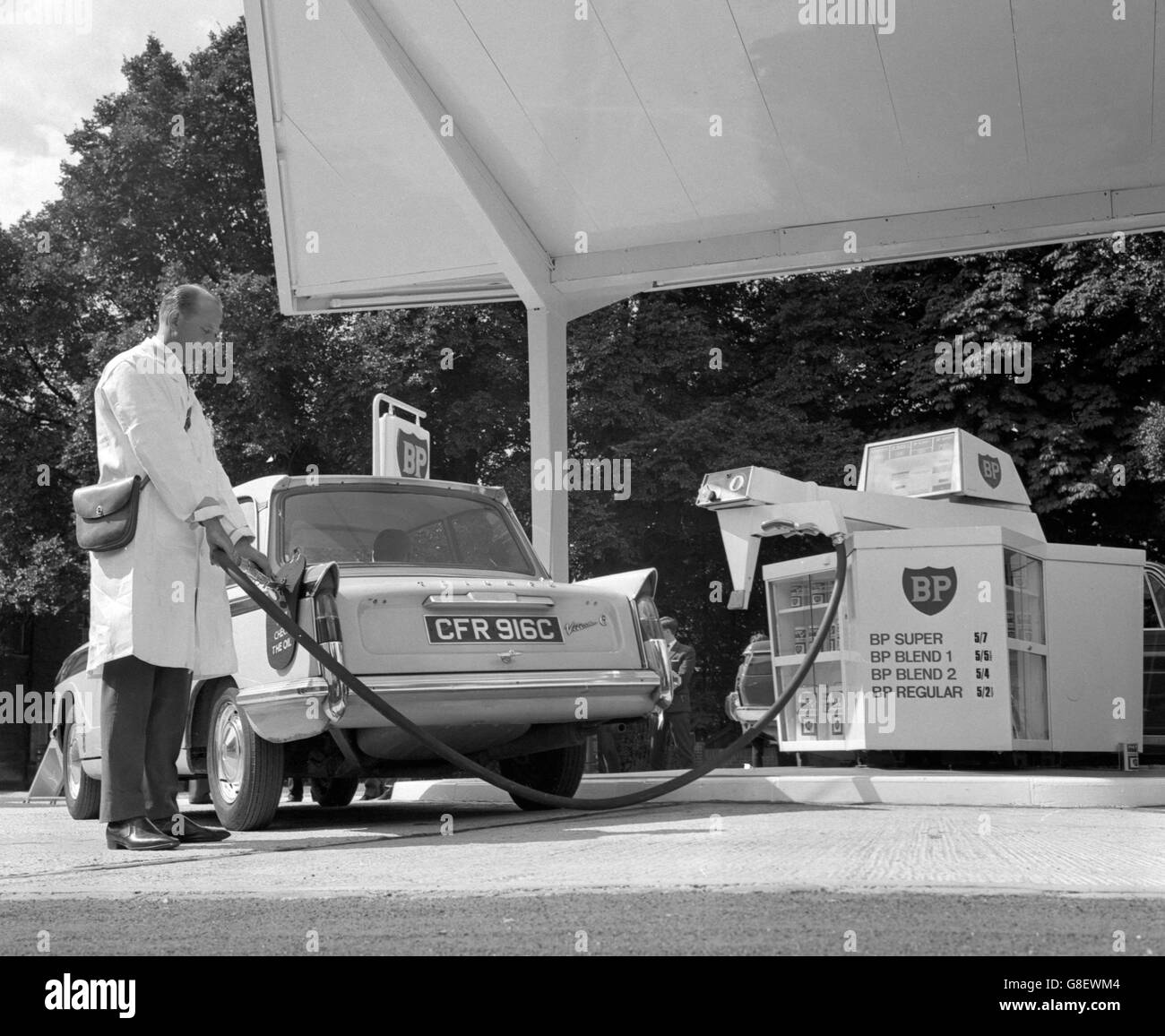 A car being refuelled at the new BP Carousel, the first unit of its kind in the world, at Datchet Green, near Slough, Buckinghamshire. Stock Photo