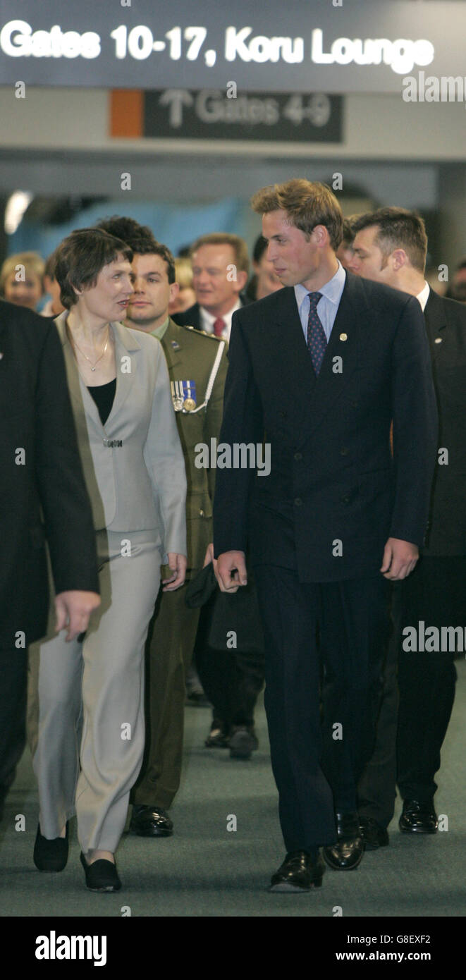 Prince William walks through the arrivals hall at Wellington International airport, New Zealand, with the country's Prime Minister Helen Clark. Stock Photo