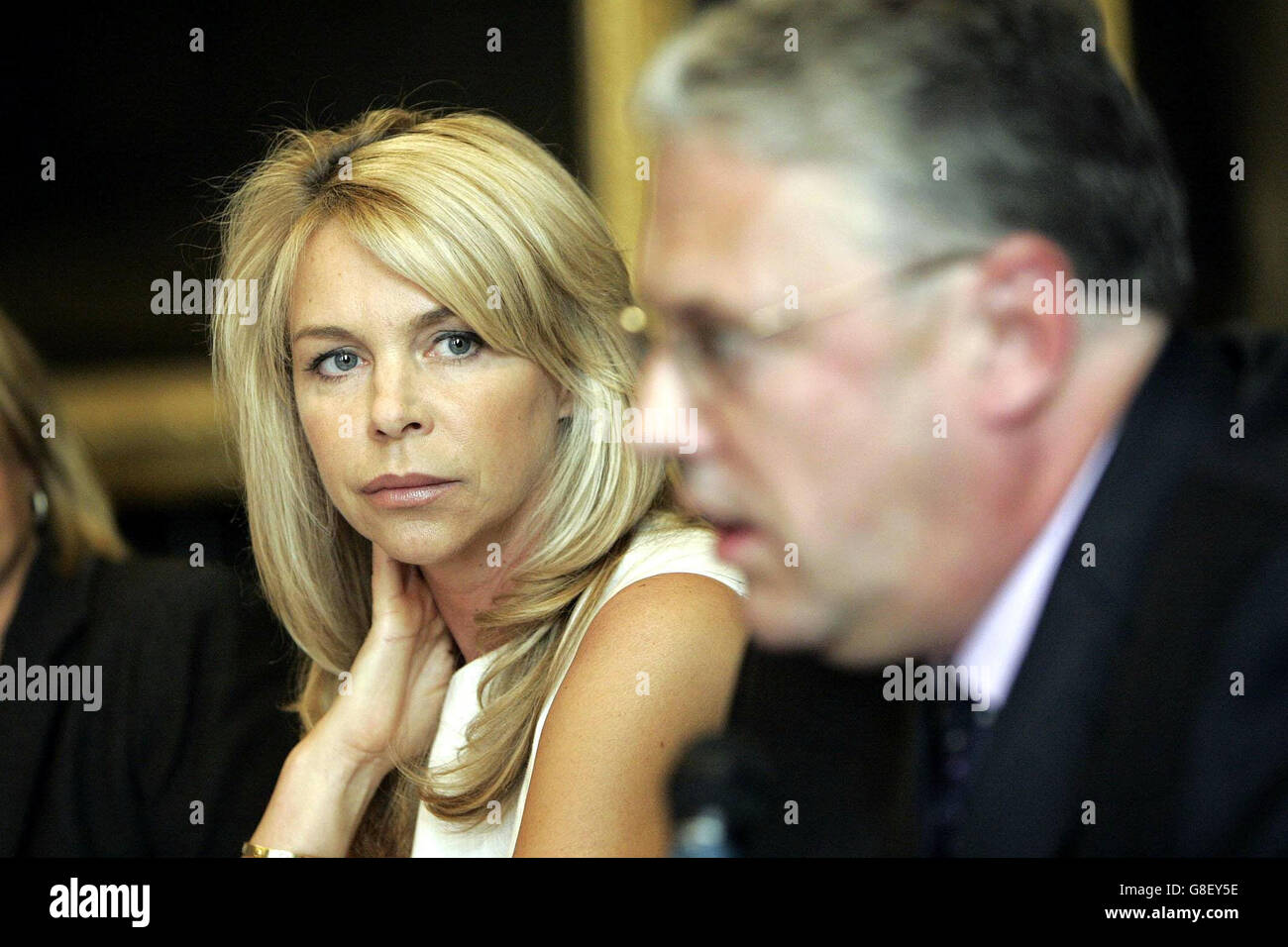 Leslie Ash listens to the MD of KWL Ltd Ken Wells during the launch of new range of anti MRSA products; 'Matron' kills MRSA, MSSA and other harmful bacteria. Stock Photo