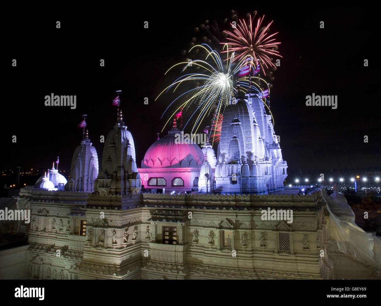 A fireworks display held near the Neasden Temple in Gibbons Park, Neasden, north west London, to mark Diwali. Stock Photo