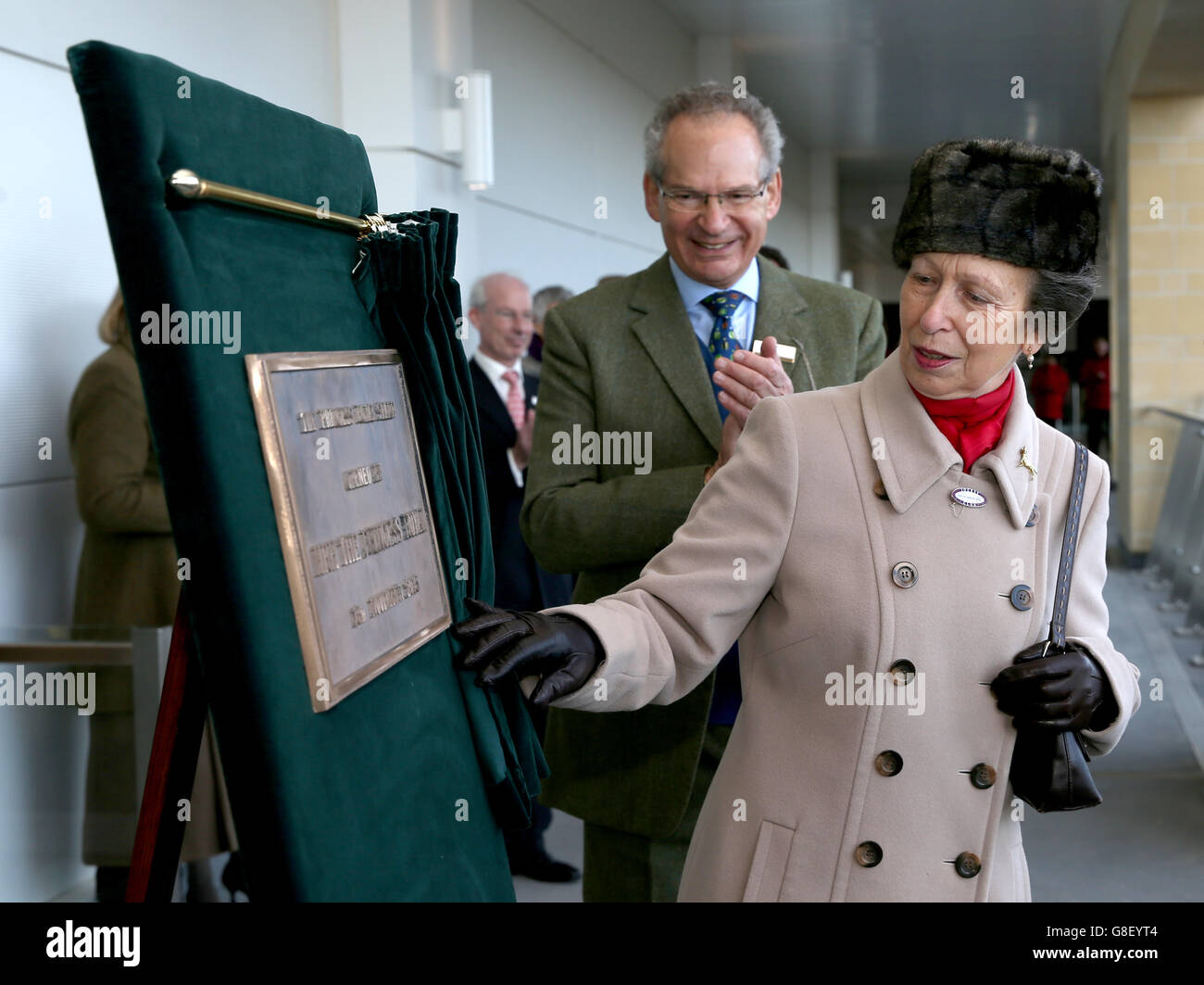 Princess Anne officially opens The Princess Royal Grandstand during day one of The Open at Cheltenham racecourse, Cheltenham. Stock Photo