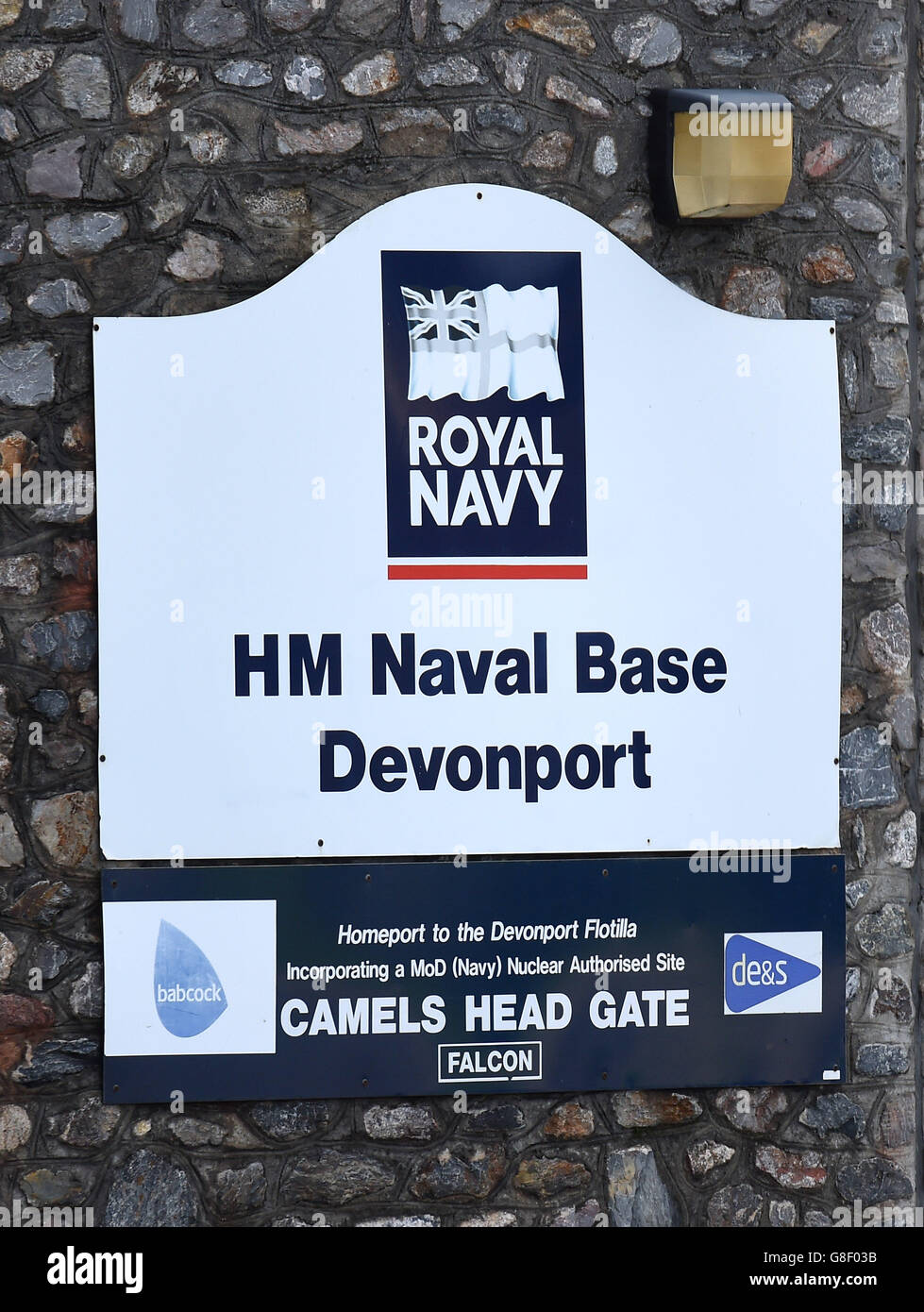 A general view of a sign for HMNB Devonport in Plymouth. Stock Photo