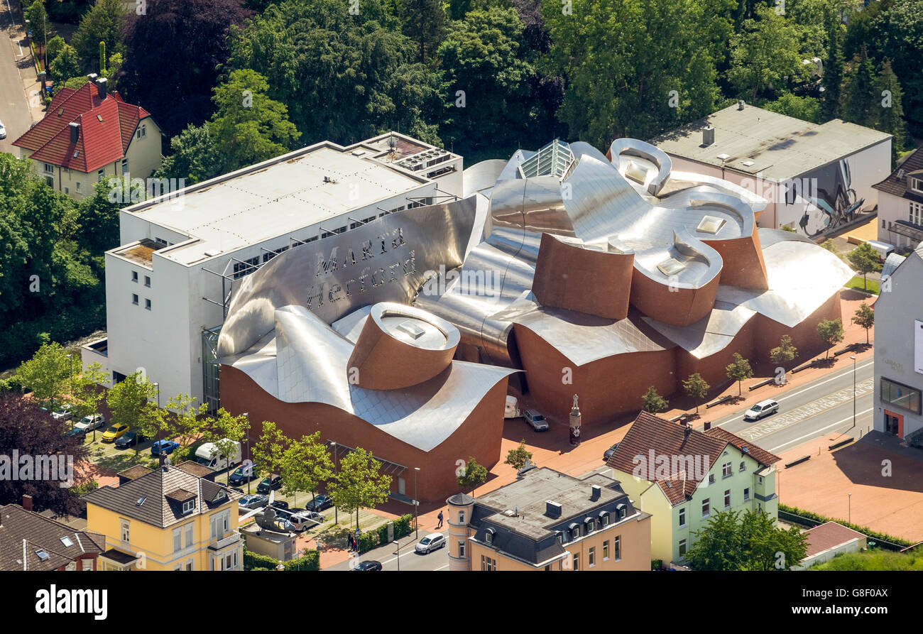 Aerial view, museum of contemporary art of the 21st century, by the architect Frank Gehry, brick and steel, Marta Herford, Stock Photo