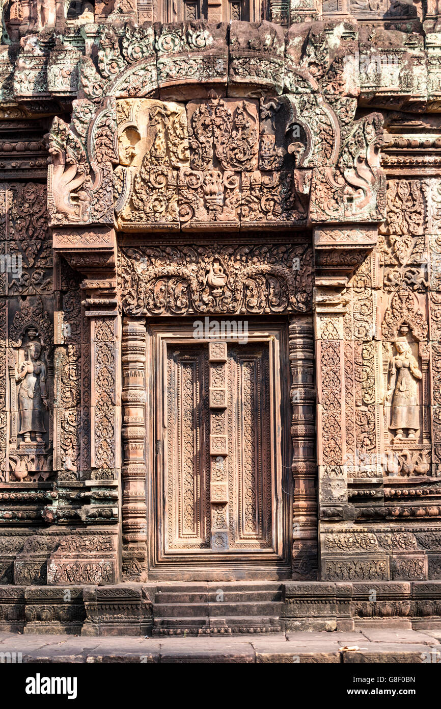 Carvings and Banteay Srey temple at Angkor in Cambodia Stock Photo